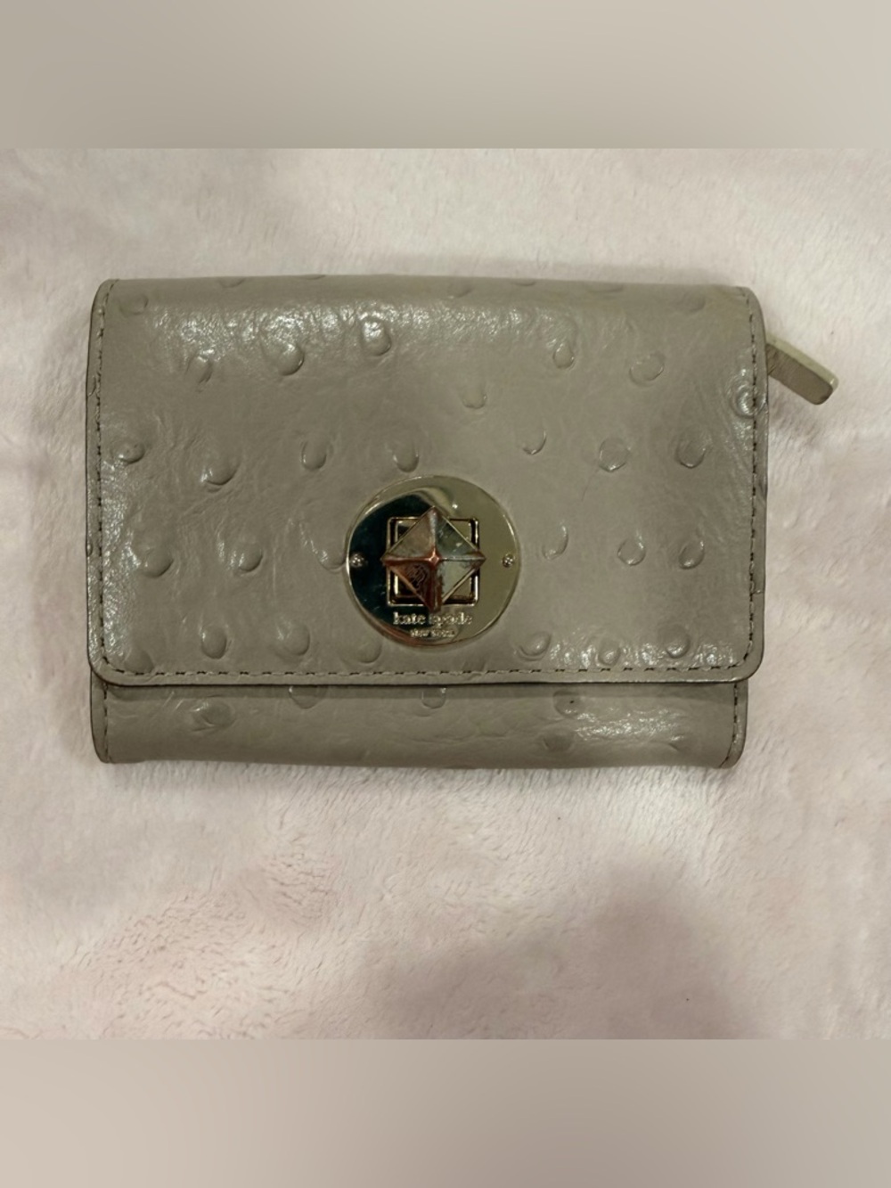kate spade Light Gray Embossed Leather Wallet with Gold Logo